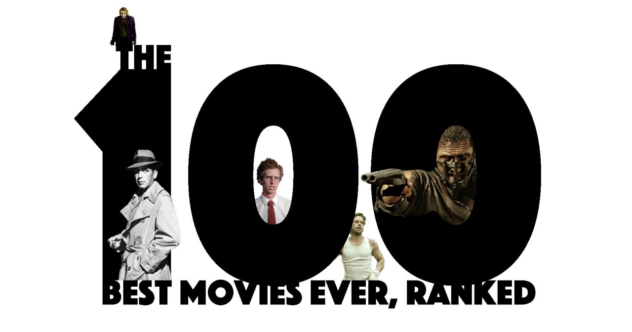 The 100 Best Movies Ever, Ranked. Image featuring Humphrey Bogart as Sam Spade, Tom Hardy as Mad Max, Heath Ledger as The Joker, Jon Heder as Napoleon Dynamite, and Brad Pitt in "Snatch" all nestled in an around large bold text that says "The 100 Best Movies Ever, Ranked"